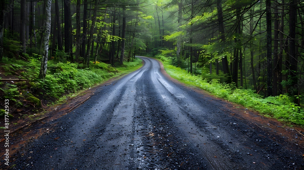 Naklejka premium Wet road surrounded by trees and grass