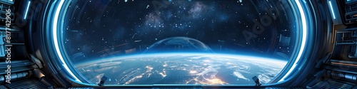 Futuristic Space Station Bedroom Panoramic Earth View from ZeroGravity Quarters