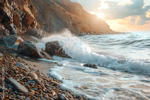 A wave crashing on the rocks on the beach photo