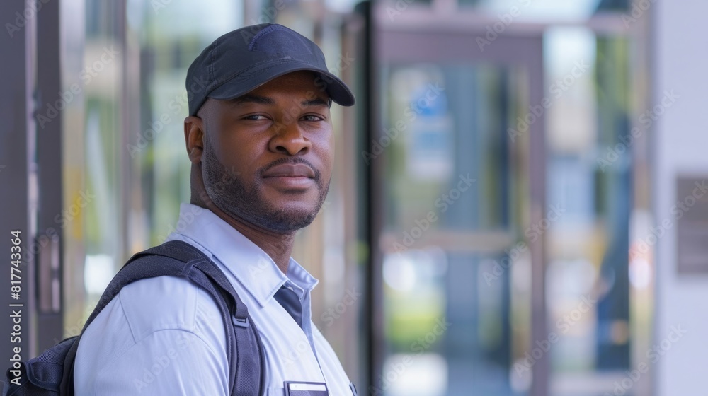 Security guard in uniform, at a secured facility entrance. Security guard in uniform, at a secured facility entrance.