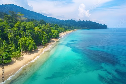 Beautiful tropical beach with turquoise water and lush forest.