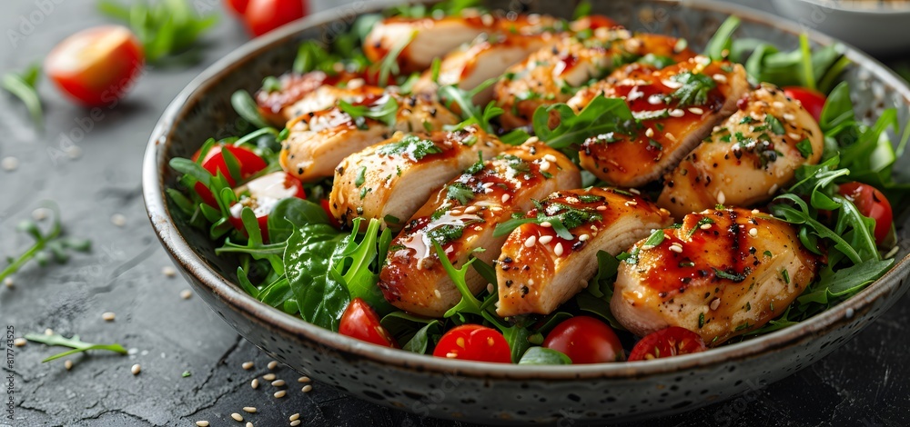 Chicken fillet with salad. Healthy food, keto diet concept. Top view on gray background.High quality photo