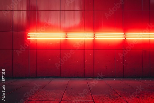 A red neon light illuminating a wall photo