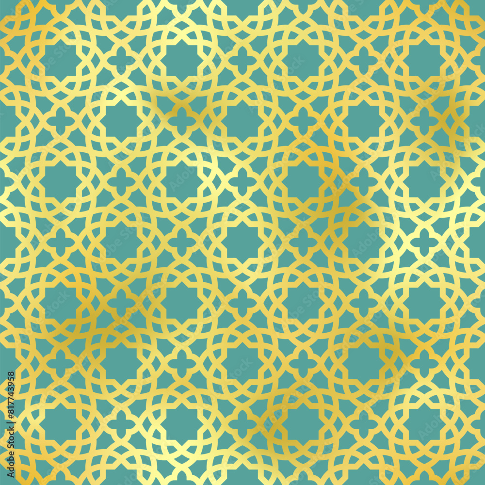 Green and gold Arabic style seamless pattern. Vector shiny golden gradient oriental ornament on green background. Oriental traditional foil texture for backgrounds, textile patterns, decoration