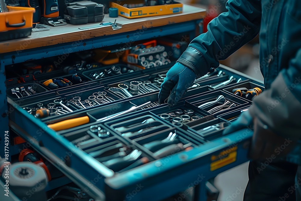 Man standing in a workshop with a drawer full of various tools Man standing in a workshop with a drawer full of various tools