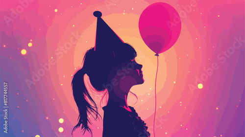 Silhouette of girl with party hat and helium balloon photo