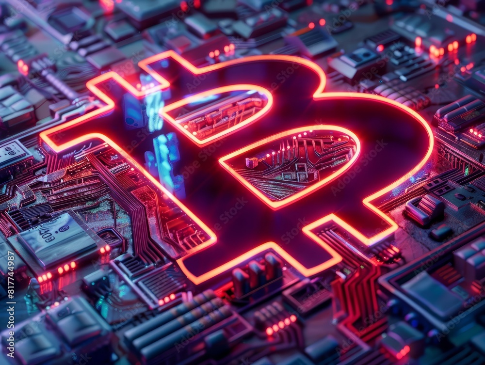 Futuristic Bitcoin symbol glowing with neon lights, against a digital background with holographic effects, high resolution, cyberpunk style Futuristic Bitcoin symbol glowing with neon lights, against a digital background with holographic effects, high resolution, cyberpunk style