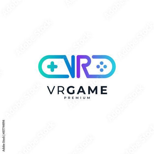 shiny and colorful console with letter V and letter R for virtual, simulation or online game logo design