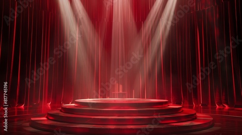 Movie award podium on a stage bathed in red spotlight, close up on cinematic elegance, theme of winner announcements, realistic, Multilayer, film festival backdrop