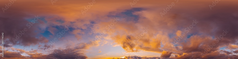 Sunset sky panorama with bright glowing pink Cumulus clouds. HDR 360 seamless spherical panorama. Full zenith or sky dome in 3D, sky replacement for aerial drone panoramas. Climate and weather change. Sunset sky panorama with bright glowing pink Cumulus clouds. HDR 360 seamless spherical panorama. Full zenith or sky dome in 3D, sky replacement for aerial drone panoramas. Climate and weather change.