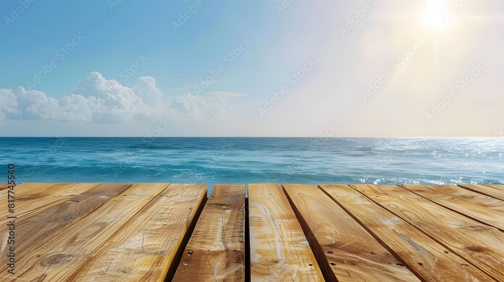 Blank Wooden table with sea background front view Blank Wooden table with sea background front view