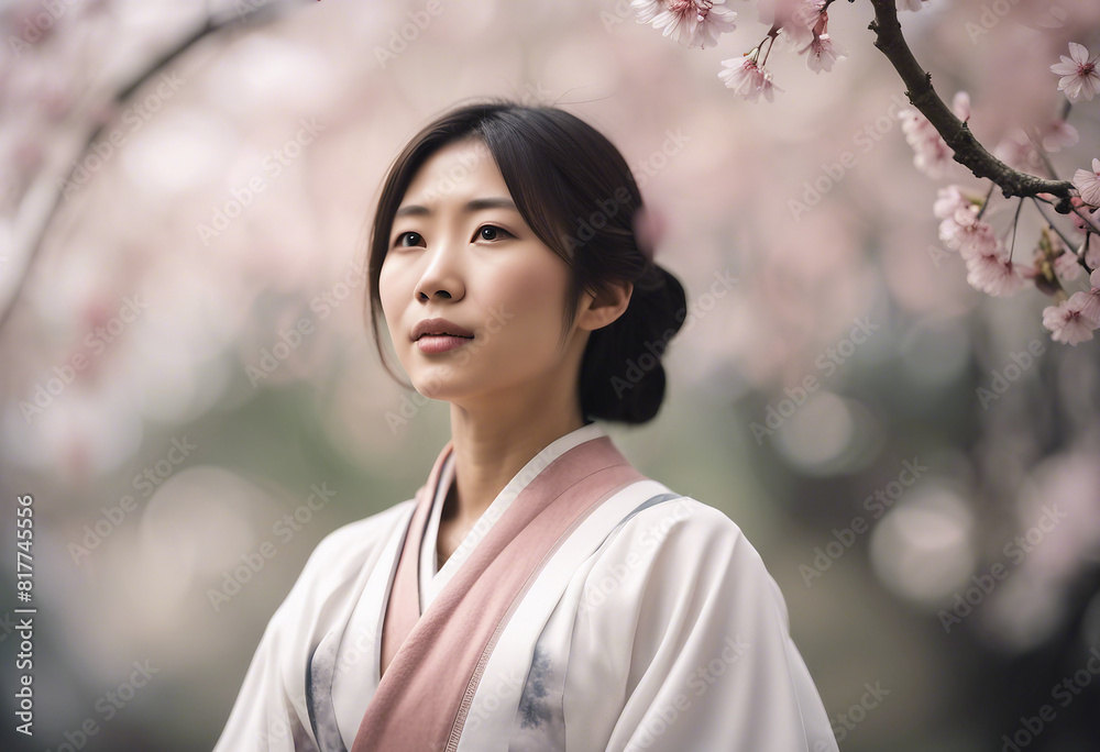 Portrait of Asian woman with traditional clothes, isolated white and sakura leafy background Portrait of Asian woman with traditional clothes, isolated white and sakura leafy background
