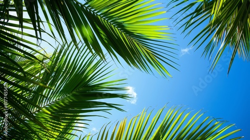 Portrait of dense palm leaves against the clear blue skies of Miami Beach, close up on texture and color, theme of natural canopy, realistic, Silhouette, lively beach backdrop