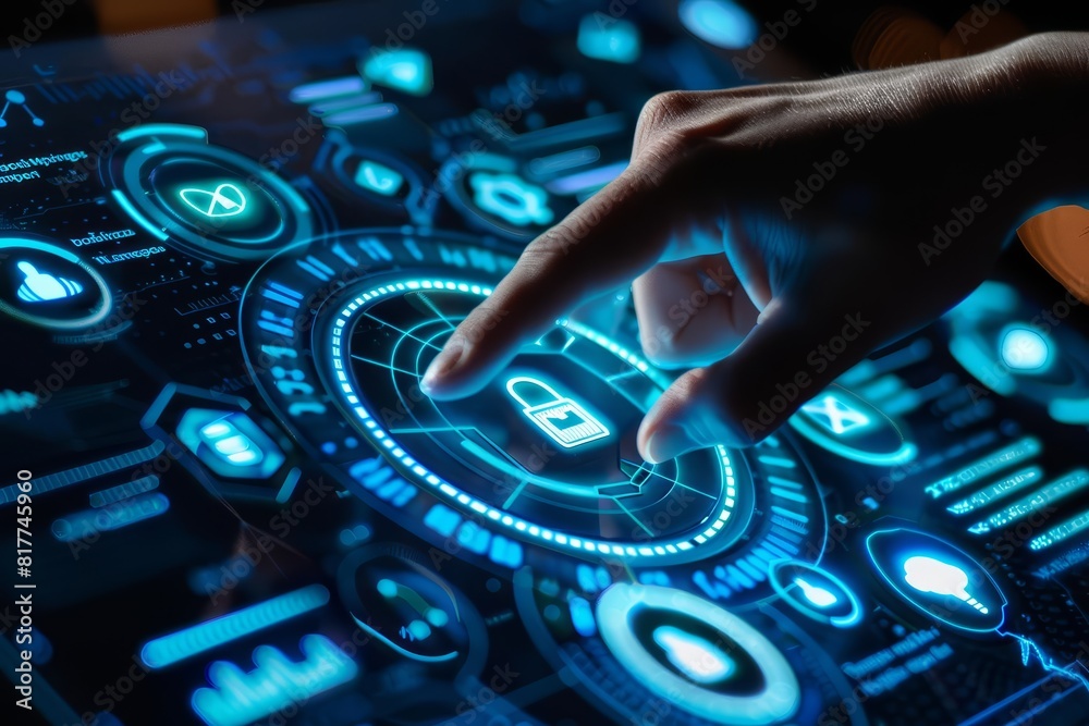 Obraz premium Hand interacting with a holographic interface displaying cybersecurity icons