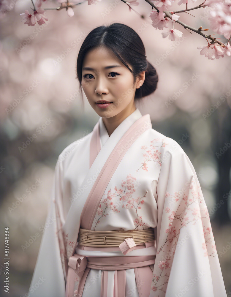 Portrait of Asian woman with traditional clothes, isolated white and sakura leafy background