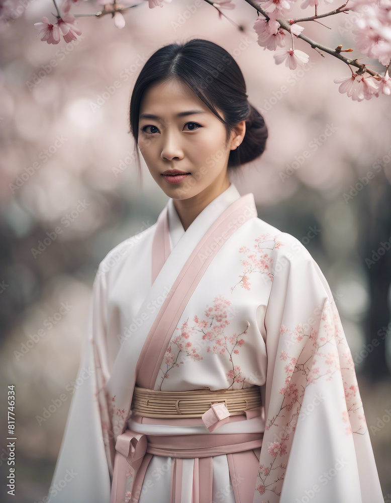 Portrait of Asian woman with traditional clothes, isolated white and sakura leafy background Portrait of Asian woman with traditional clothes, isolated white and sakura leafy background