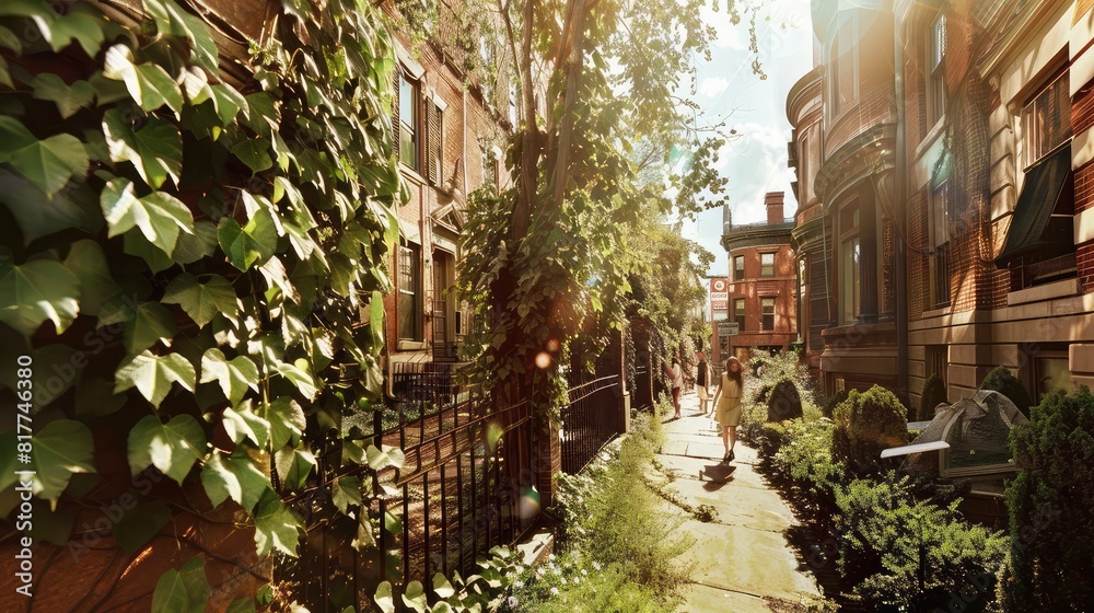 Charming Sunlit Alleyway, Historic Residential Street, Lush Green Foliage, Quaint Urban Architecture, Tranquil Cityscape