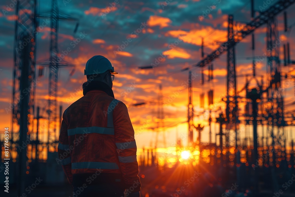 Fototapeta premium Worker in orange jacket and hard hat standing in front of power lines