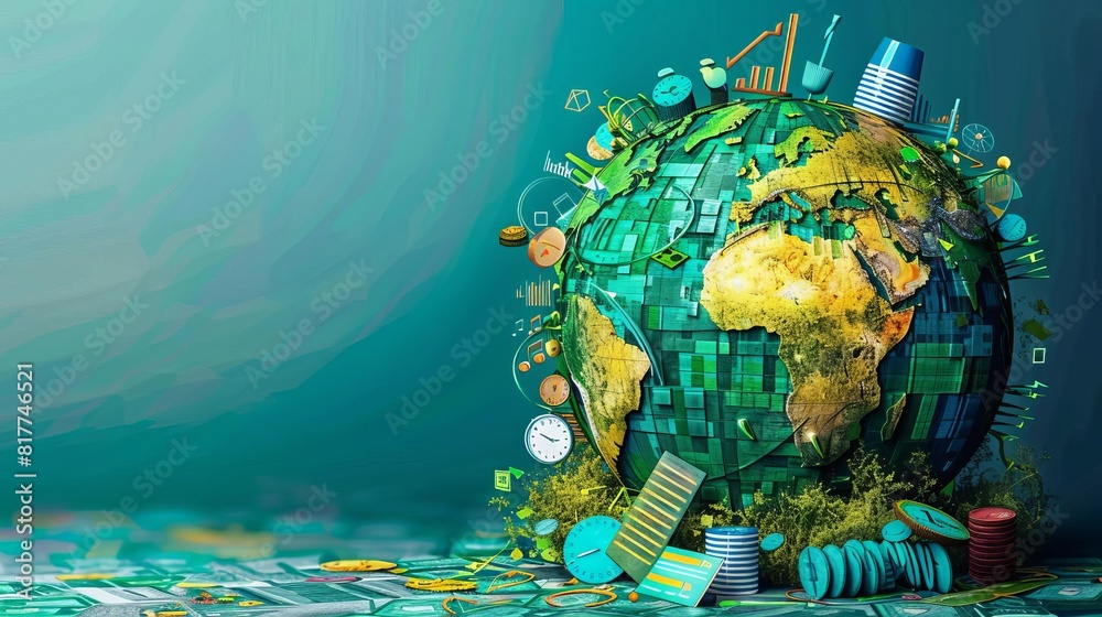 Naklejka premium A vibrant illustration of a globe being painted green by various financial instruments
