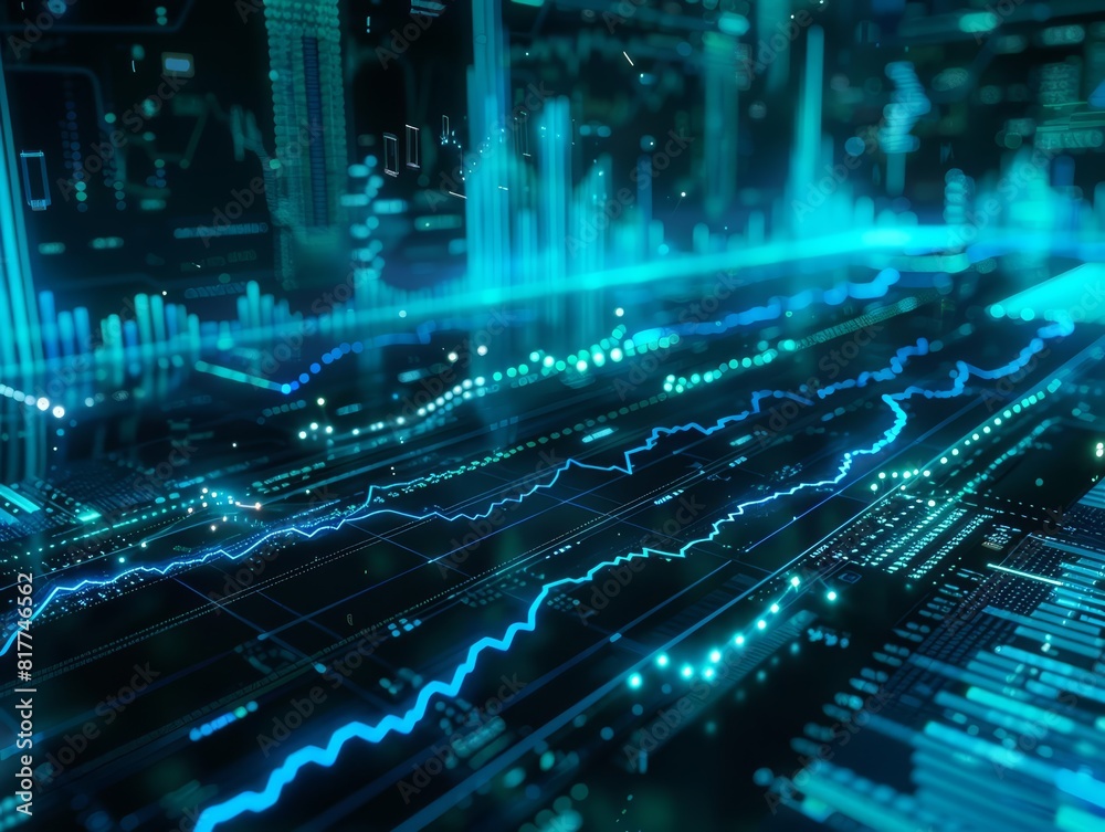 Holographic stock market visualization with neon blue lines, digital data overlays, and a dark futuristic background, hightech, high resolution