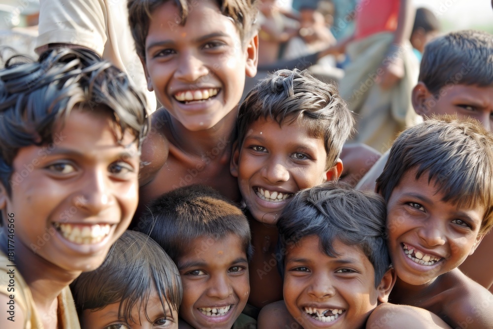 Group of indian kids smiling and looking at the camera in India