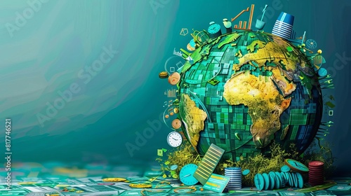 A vibrant illustration of a globe being painted green by various financial instruments