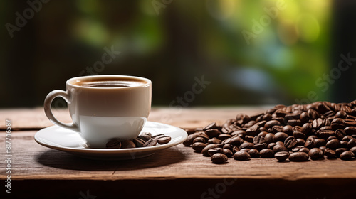 Espresso cup with beans on wooden table background  Natural light day.