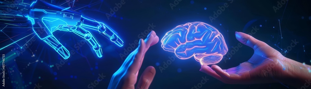 Human hand and robotic hand reaching towards a glowing digital brain hologram, symbolizing AI and human collaboration, futuristic and hightech, blue neon lights, detailed design Human hand and robotic hand reaching towards a glowing digital brain hologram, symbolizing AI and human collaboration, futuristic and hightech, blue neon lights, detailed design