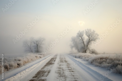 A serene winter landscape captures a snowy road flanked by frosted trees and fields in a misty haze © cherezoff
