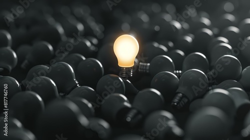 Illuminated bulb standing out in a pile of unlit bulbs, Minimalist, Grey tones, Digital art, Highlighting creativity and ideas