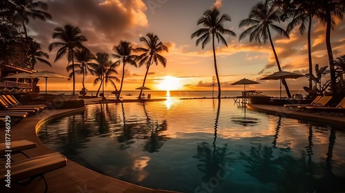 Stunning Poolside at Tropical Resort with Beautiful Sunset Sky and Palm Trees