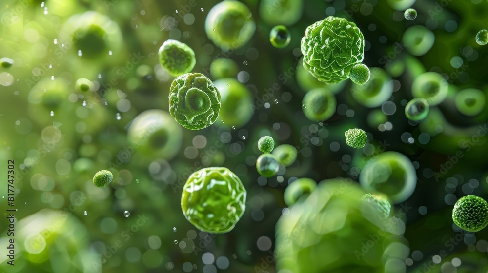 Microscopic view of green bacterial cells in a floating formation, symbolizing microbiology and health science, sharp detail, green hues, biological theme