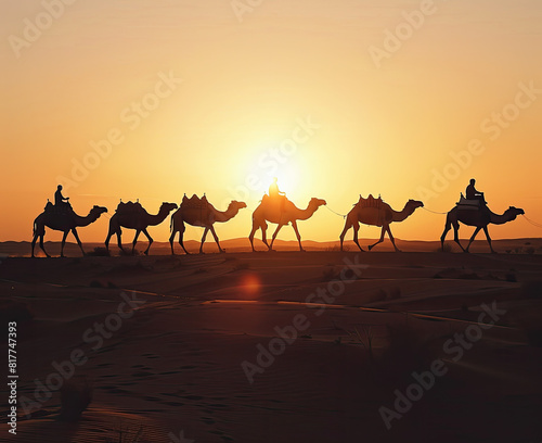 A stock image photograph of A group of camels trekking across the desert, silhouetted against the setting sun. in a clear, balanced lighting that highlights the subjects, a neutral and professional fe