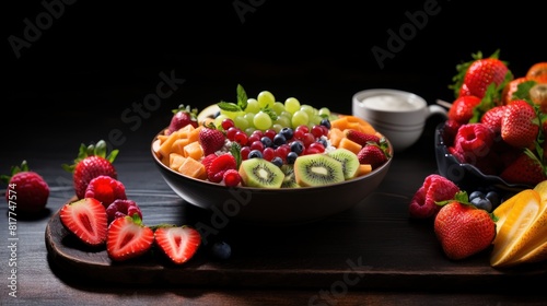 Healthy Fruit Salad in White Bowl with Fresh Berries and Kiwi on Dark Wooden Table