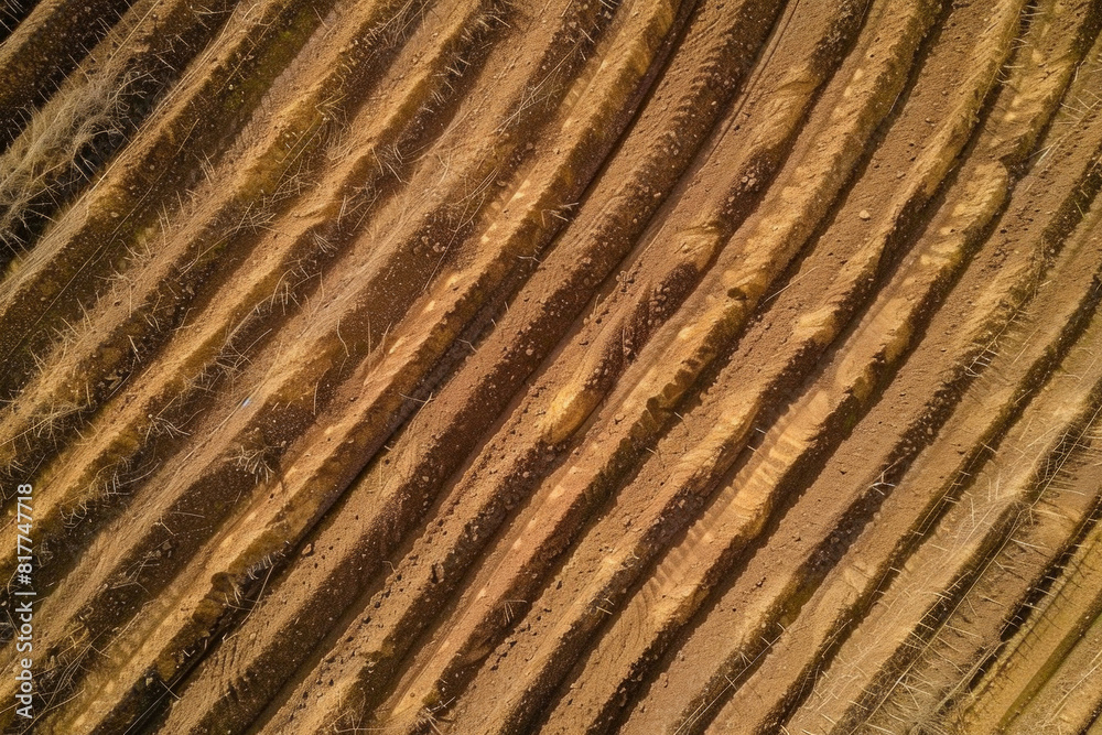 A top-down view of a freshly plowed field, with rows of soil creating a textured pattern. A top-down view of a freshly plowed field, with rows of soil creating a textured pattern.