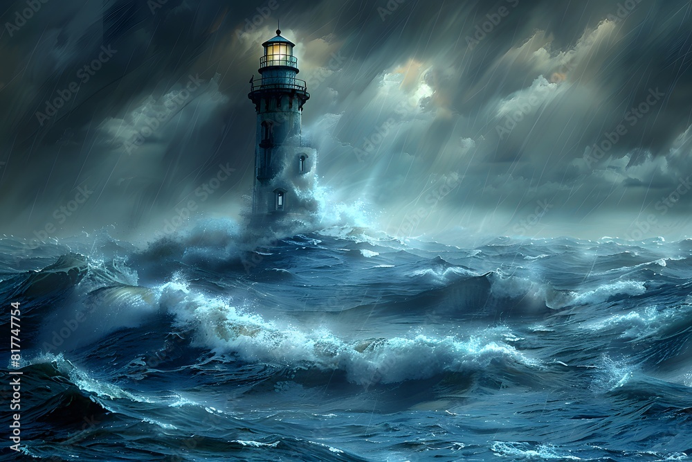 Stormy Seascape with Lighthouse Illuminating Rough Ocean Waves