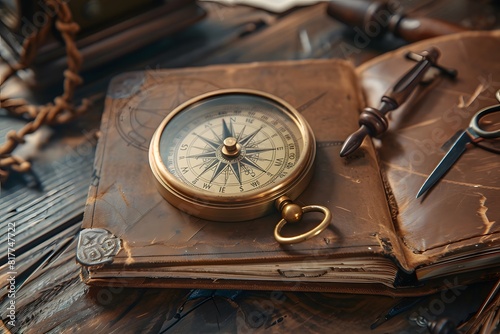 A compass and a book on a table photo