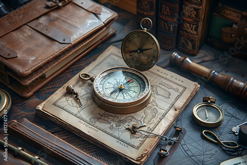 A compass and assorted items displayed on a table photo