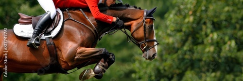 Equestrian jump  powerful horse muscles in action, symbolizing athleticism in olympic sport concept © Andrei