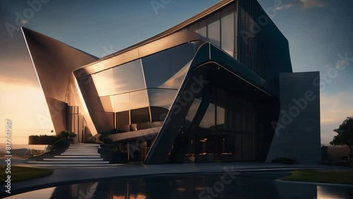 Ultra realistic, postmodern concept, outside modern architecture, cinematic shot, soft light, dark tone, Luxurious. photo