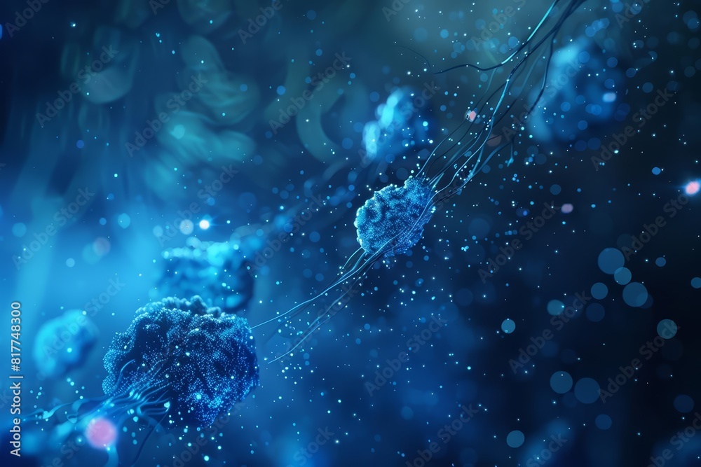 Scientific cell study with injection, Scifi, Blue hues, 3D render, Microscopic view with glowing particles Scientific cell study with injection, Scifi, Blue hues, 3D render, Microscopic view with glowing particles