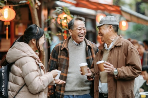 Happy asian senior couple holding coffee cups and talking in the street