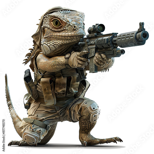 Soldier Iguana with gun cartoon. Army Iguana Soldier cartoon illustration. Iguana animal cartoon © sennauli