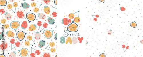 Fruit seamless pattern set. Vector cartoon minimalistic background with cute smiling fruit characters in simple hand drawn style. Pastel colors on a white background with polka dots.