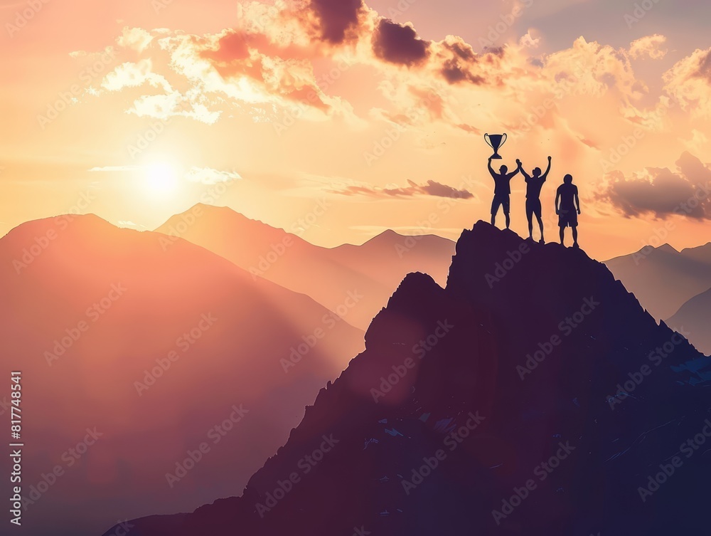 Silhouette of a victorious team on a mountain top, with one member raising a trophy, dramatic sunrise, misty mountains, high detail, motivational and empowering atmosphere Silhouette of a victorious team on a mountain top, with one member raising a trophy, dramatic sunrise, misty mountains, high detail, motivational and empowering atmosphere