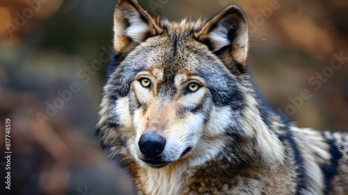 wolf in a forest. A closeup of a wolf with piercing eyes  thick fur  and sharp features  set against the blurred backdrop of a forest..