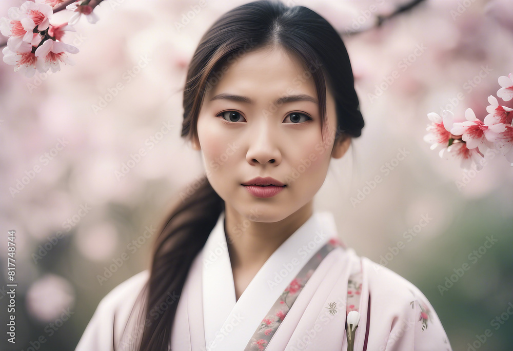 Portrait of Asian woman with traditional clothes, isolated white and sakura leafy background Portrait of Asian woman with traditional clothes, isolated white and sakura leafy background