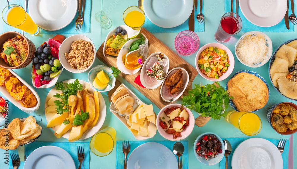 Full table of delicious Dinner party table European foods and drinks