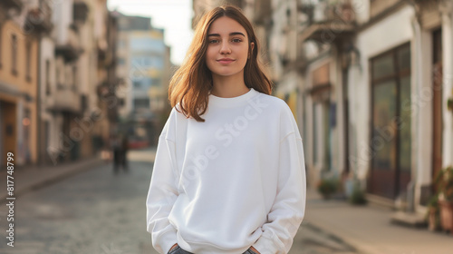 Young woman wearing blank white sweatshirt in city street. Mockup. 