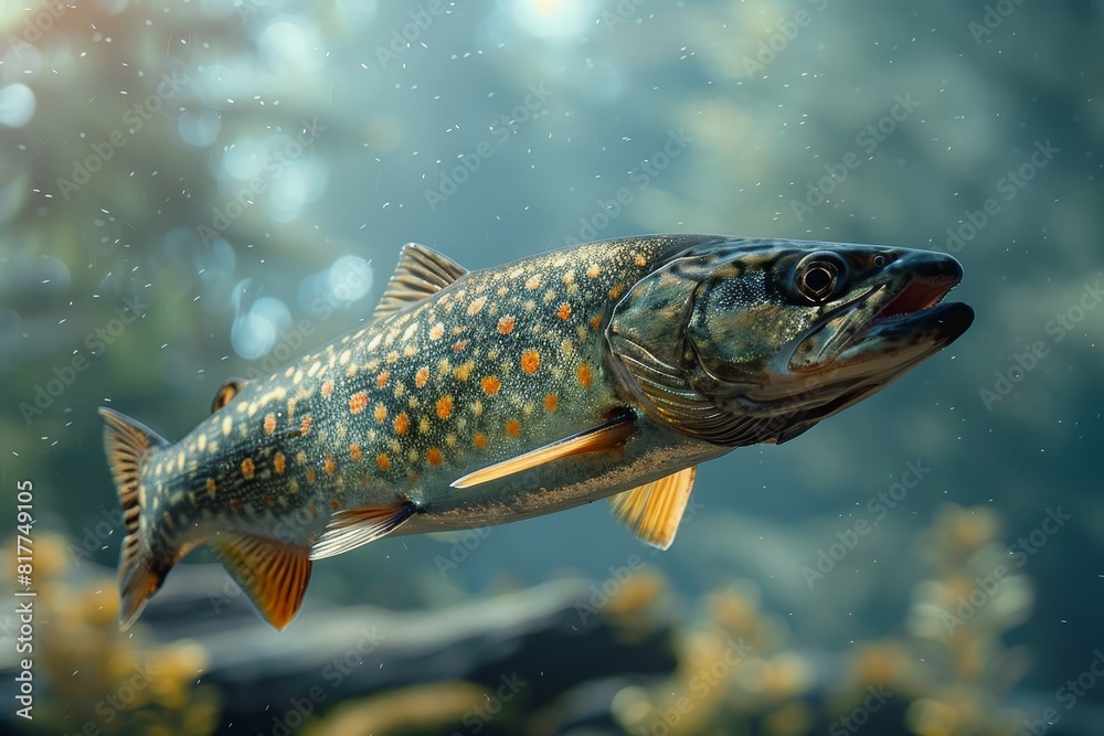 Pike fish lurking in murky waters, depicting freshwater predators. Pike fish lurking in murky waters, depicting freshwater predators.